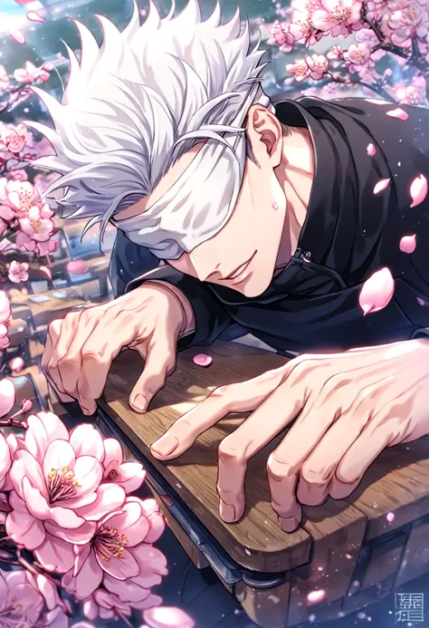 Ultra detailed, highres, absurdres, HDR, master piece, Gojo Satoru, white hair, white blindfold, blindfolded eyes, covered eyes, black uniform, black pants, Jujutsu Kaisen, sexy man, classroom, cherry blossoms, petals, handsome, best quality, fantasy, magi...