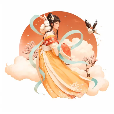 There is a woman wearing Hanfu flying in the sky,There is a rabbit on the girl&#39;s shoulder，There is also a rabbit on the skirt，There is a crane on the right.， A beautiful artistic illustration, Ancient Chinese Goddess, ancient Chinese Princess, palace ，...