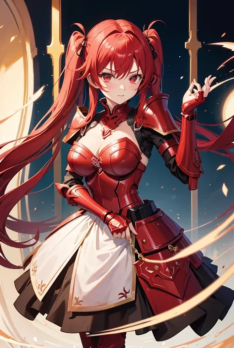 Anime Woman Red Hair Twintail With Scarlet Armor Knight He looks at you with a loving way 