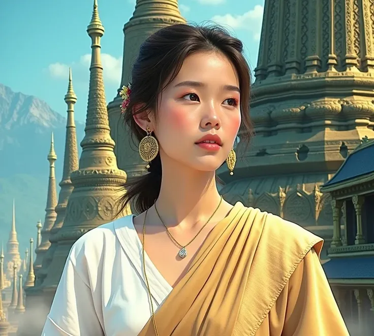 A 6 Burmese woman standing in front of the pagodas of Bagan Buddha, wearing a white shirt, brown rice and holding a small staff.