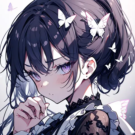 maid、Butterfly Accessories、Lace fabric、Look to the side、Look down、aggressive、Bad mood、ponytail、cool、Long eyelashes、Rest your cheek on your hand