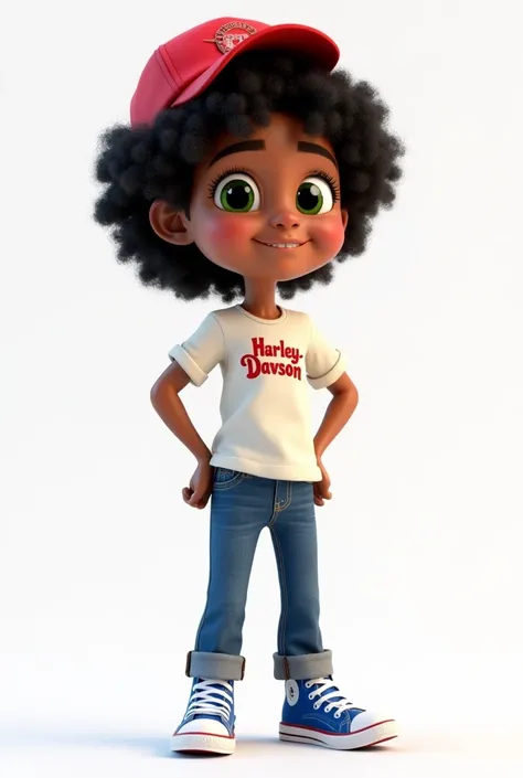 Character from the movie funnily, disney pixar style,3d,with black curly hair, blue all star sneakers, green eyes, Red cap, jeans, face with soft expression, brown skin  , 8k quality white background with shirt saying harley davson 