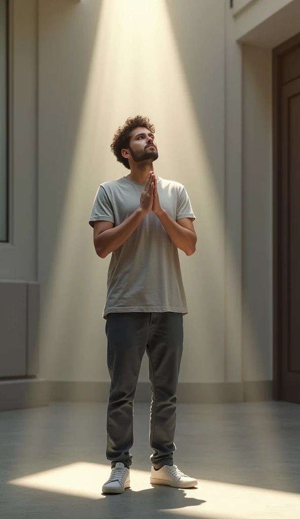 Modern young man praying to God 