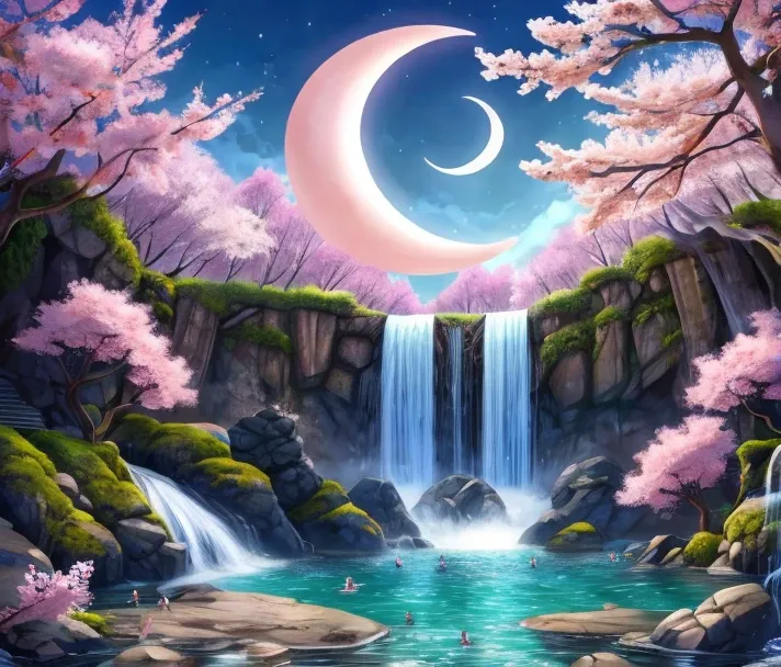 sakura tree on the crescent moon a waterfall crescent moon cup having octopus and waterfall having rabbits swimming