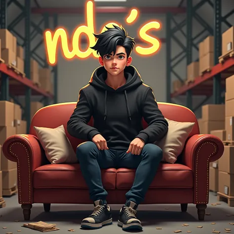 a black hair adult male wearing black jacket, sitting on a sofa, heavy equipment & box warehouse as background, masterpiece, cute 3d cartoon, correct proportion, hyper det isailed, intricate, insanely detailed, octane render, trending on artstation, highes...