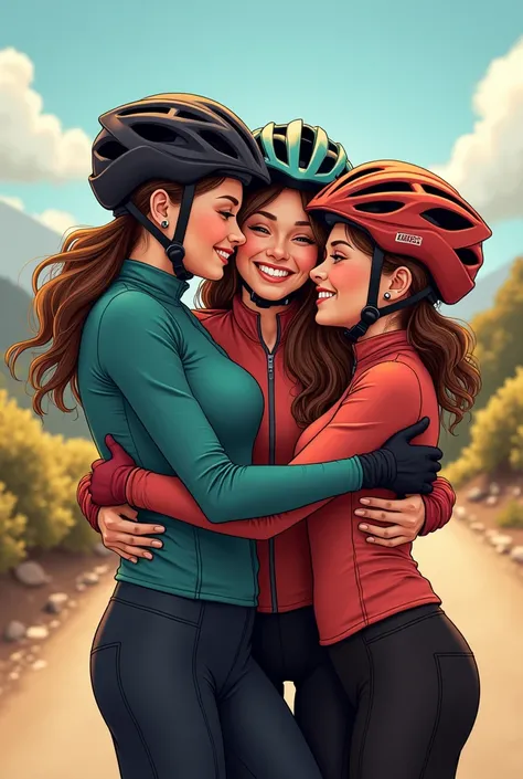 several female bikers hugging each other illustration image