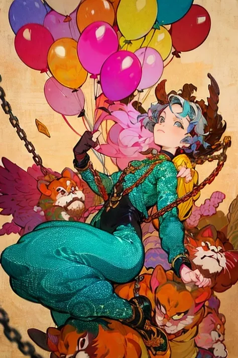 there is a woman with balloons and chains on her back。, greg tocchini, inspired by tomer hanuka, by tomer hanuka, joan rua, jame...