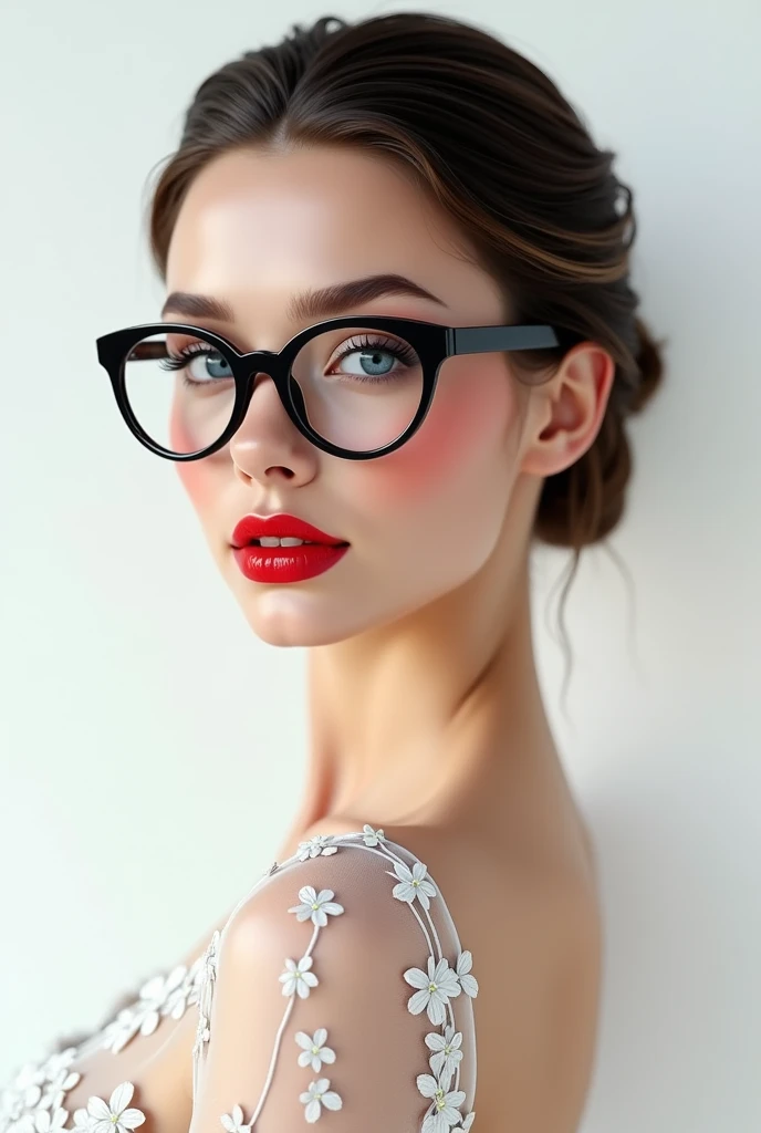 ((best qualityer)), ((work of art)), (detailded), face perfect, American wedding dress, 4K, big boobies, slickedback hair, blue colored eyes, glasses with thick black frames and large rounded lenses, red lipgloss stick, white body, whole body