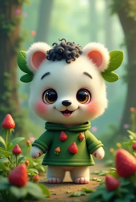 Cute little bear image, with a white coat and curly black hair, men&#39;s clothing green and red drops like strawberry seeds. The bear&#39;s head, leaf ear and bear body, bear snout and , eyes could be big and expressive. AI mode with enchanted forest back...