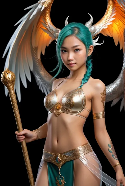 A very young  beautiful monk girl with native asian features, facing a full body mythical griffin background, about to fight a legendary  dragon background, lovely charming face, having  brown skin tone pigmenting texture , ( full body perfect detailed mas...