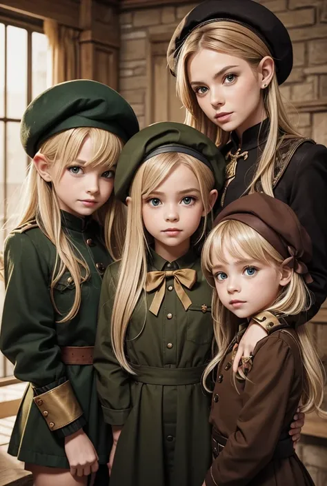 Create three goblins next to each other, a blond one with a bow , one in a beret with a dagger and one with straight brown hair 