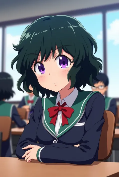 Screenshot of my hero academia,Girl with short black wavy hair,with bangs,He has purple eyes and has an arrogant expression,She is wearing the UA uniform and in the background she has a UA school class and she is sitting at a table with Kirishima 