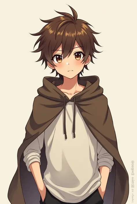 brown messy hair, teenage anime boy, brown eyes, white long sleeved shirt, brown cape with hood in the neck, music style