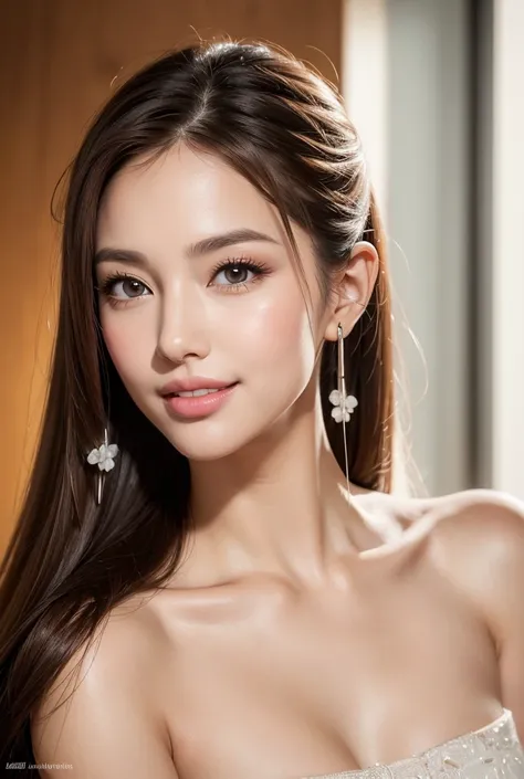 a beautiful woman with long brown hair in a ponytail, smiling slightly with her lips slightly parted, licking her lips, anatomically correct facial features, simple background, wearing headphones, beauty mark on the corner of her mouth, (best quality,4k,8k...