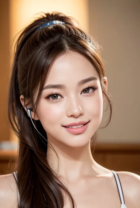 a beautiful woman with long brown hair in a ponytail, smiling slightly with her lips slightly parted, licking her lips, anatomically correct facial features, simple background, wearing headphones, beauty mark on the corner of her mouth, (best quality,4k,8k...