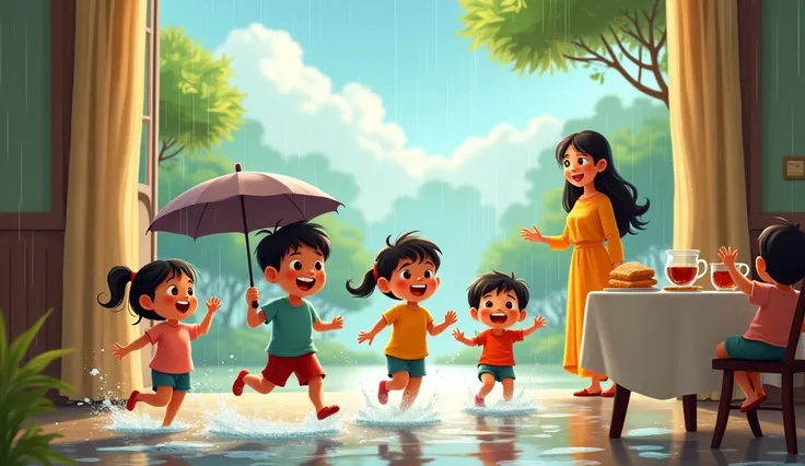 Generate cartoon animated image of 
"Children around , including brothers and sisters, are playing in the rain in a cheerful and colorful scene. The sky is cloudy with light raindrops falling, and the children are running and splashing in puddles, laughing...