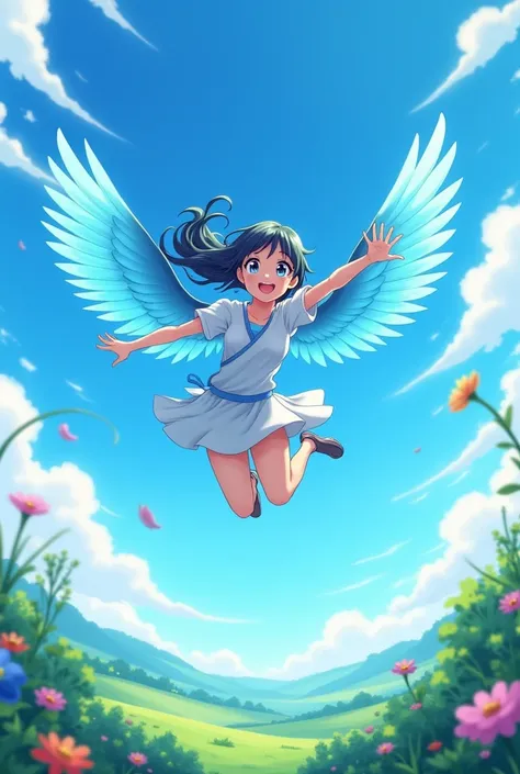 A blue winged Demi-human girl jumping in the air Anime style 