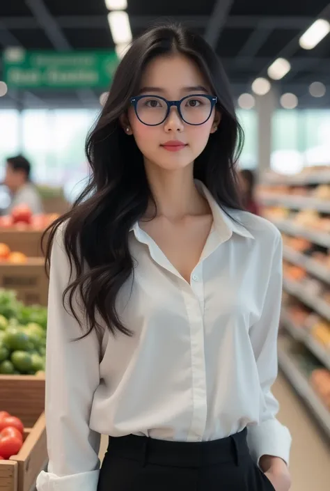 "K-Pop Style Women&#39;Realistic image、Korean Beauty, length, ウェーブのかかったBlack Hair. One Girl, White business shirt、Navy blue he wears glasses。I&#39;m shopping for dinner at a major supermarket.。Black Hair, Long Hair, Highest quality, Accurate, It is display...