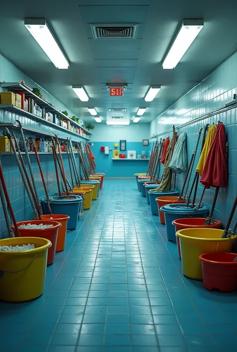  Interior of a public swimming pool cleaning room , mop buckets 