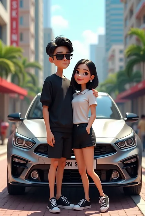 An animated photo of a couple, the tall one with sunglasses, short hair, a black sweatshirt, a white t-shirt, black sneakers, and she is short, with Chinese eyes, straight hair, wearing black shorts, a white polo shirt, and black sneakers, posing in a phot...