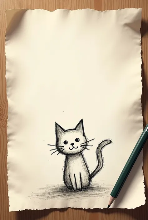 a realistic image of a paper with childish, poorly drawn, drawing of a cat 