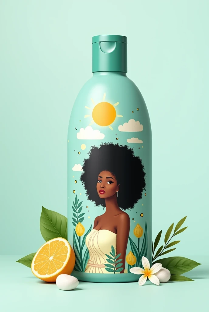 Bottle with a soft and relaxing color, like light blue or green. It may have illustrations of natural ingredients with a sun on the packaging and a black woman with curly hair using this moisturizing shampoo.

