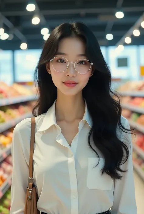 "K-Pop Style Women&#39;Realistic image、Korean Beauty, length, ウェーブのかかったBlack Hair. One Girl, White business shirt、Navy blue he wears silver-rimmed glasses.。I&#39;m shopping for dinner at a major supermarket.。Black Hair, Long Hair, Highest quality, Accurate...