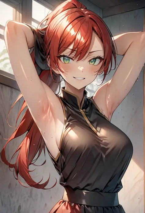 One anime-style woman, Red hair, Long Ponytail, Green Eyes, there is, Sadistic smile, armpit,Smooth skin texture,Carefully drawn, tmrsk, (humid:1.2), Raise your arms,