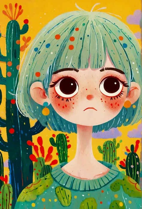 Sad expression, Green bangs short hair, A pair of big, tearful eyes, Fair skin，There are obvious freckles, Simple teal pastel shades of clothing. The character has green eyebrows，Covering chest with hands. The background is mainly natural elements，Includin...