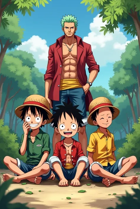 luffy zoro and sanji children sitting and behind them adults standing 