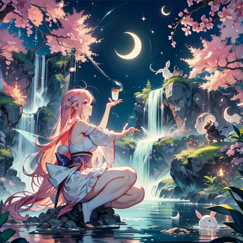 sakura tree on the crescent moon a waterfall crescent moon cup having octopus inside and waterfall having rabbits taking bath, f...