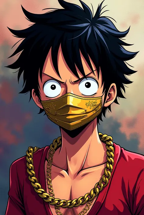 luffy with a juliet on his face and a gold chain around his neck