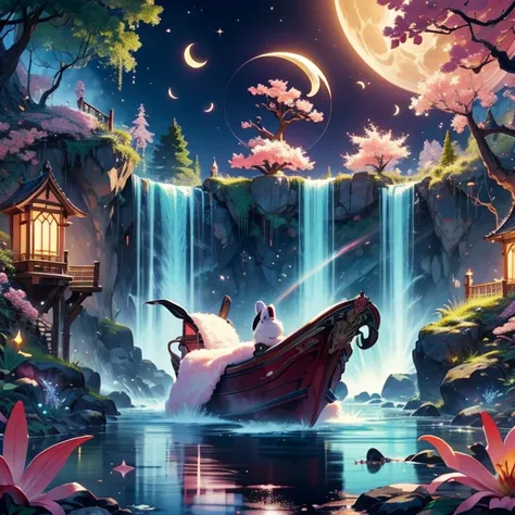 sakura tree on the crescent moon a waterfall crescent moon cup having octopus inside and waterfall having rabbits taking bath, f...