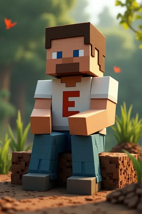 Minecraft Steve sitting on a block of dirt with a white shirt and an em in the middle