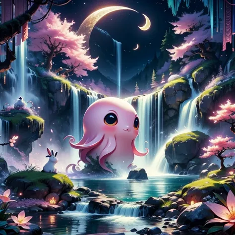 sakura tree on the crescent moon a waterfall crescent moon cup having octopus inside and waterfall having rabbits taking bath, f...