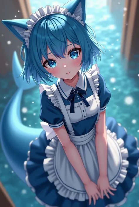 A girl with a shark tail wearing an anime maid outfit, blue hair, sissy cup e