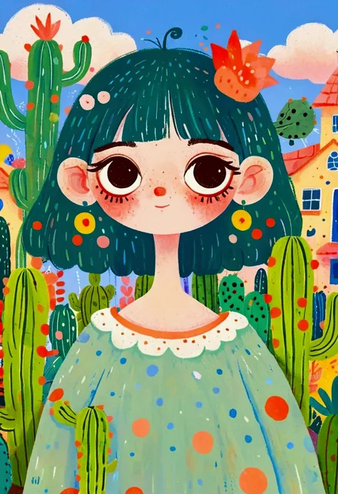 Cartoon Girl，Green bangs short hair, A pair of big, tearful eyes, Fair skin，There are obvious freckles, Simple teal pastel shades of clothing. The character has green eyebrows，Covering chest with hands. The background is mainly natural elements，The top of ...