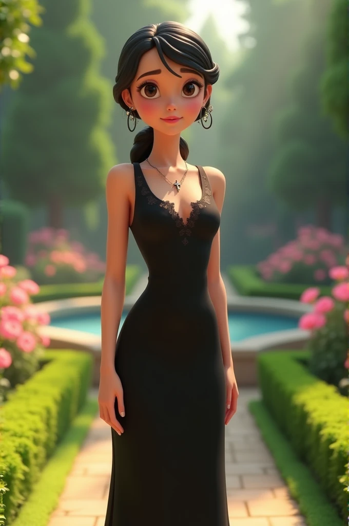 A cute woman wearing a black dress and a cross necklace, with the writing queen Standing in the garden,
Cute 3D animation 