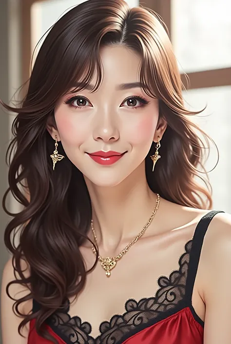 A stunning 60-year-old mature Japanese woman with long brown hair, wearing a collared shirt, double eyelids, long eyelashes, and glossy lips. The image is rendered in 8k resolution, RAW photo quality, and depicted in the highest quality. Every detail of he...