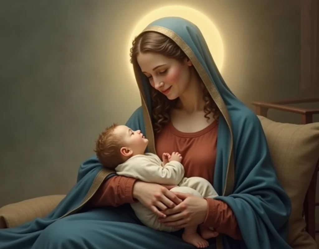 Beautiful young Virgin Mary holding a baby and singing a lullaby, Sitting, Reddish beige tunic, Blue cloak and veil, A gentle smile, Halo