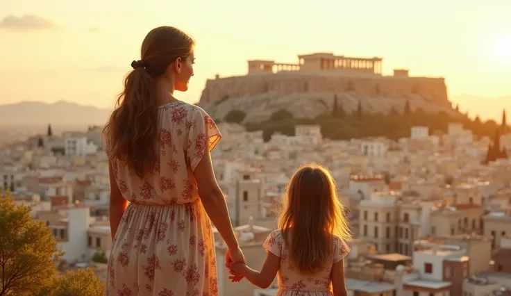 Create an image showing a mother and her daughter holding hands while looking at Athens in Greece 