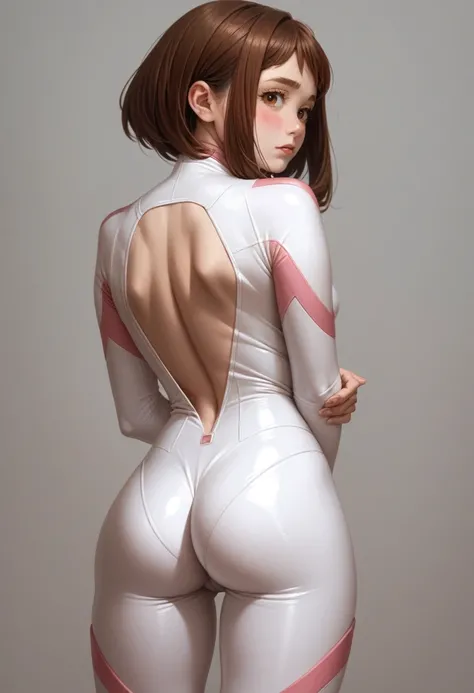 ochako uraraka, back, brown eyes, brown hair, short hair, blush, pechos medianos, navel, bodysuit, open bodysuit, showing ass, skin tight, superhero