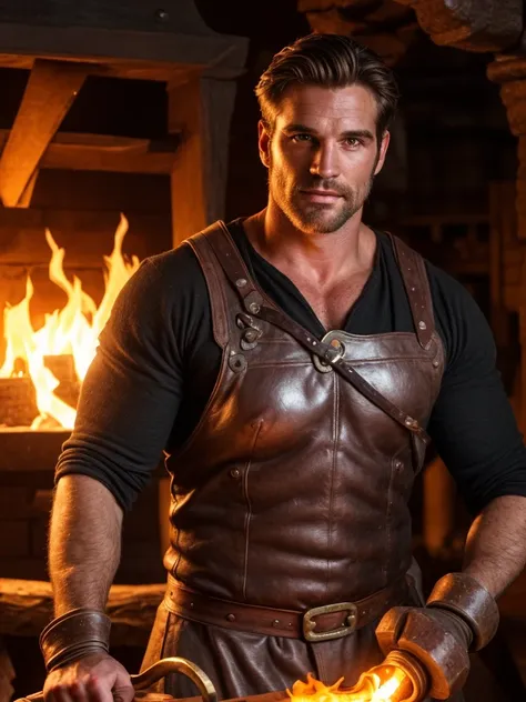 hair, portrait of a ruggedly handsome blacksmith, muscular, half body, masculine, mature, retrato de un joven, muscular very han...