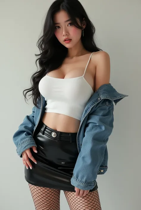 beautiful korean girl,big breast,fishnet stocking,white tube top,denim jacket,leather short skirt,no bra,high heels boots