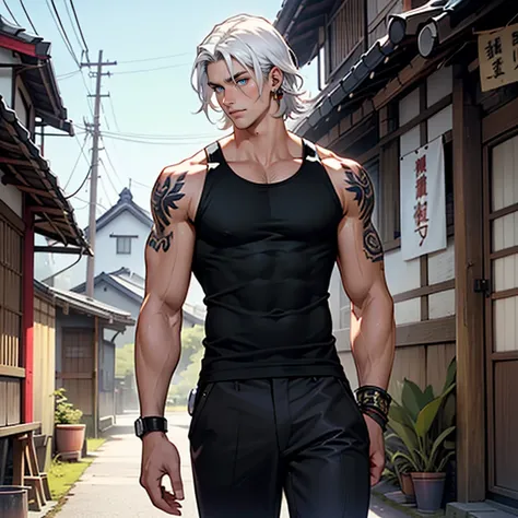 ((masterpiece)), (((best quality))), solo, 1 male, pale white skin, long white hair, bob hair style, handsome young man, blue eyes, lean, tall, detailed background of a japanese village, black tank top, tight black pants, tattoos on both arms, red tassel e...