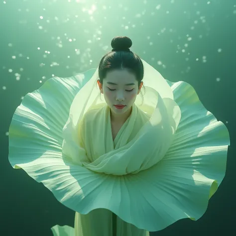 aerial view, minimalistic art, by Andreas Levers, Marta Bevacqua, luminous and dreamlike scenes, a huge transparency lotus leaf wraps the ancient chinese lady, porcelain dewy makeup expressionless eyes, oriental minimalism style, light green and emerald gr...