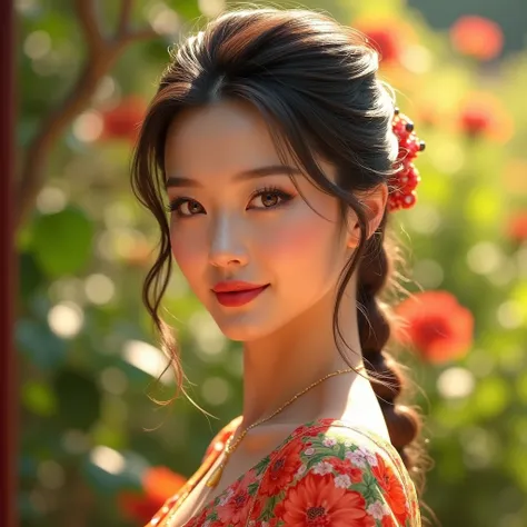 beautiful chinese pop star, quarter portrait, looking back into camera, garden, bright sunlight, beautiful detailed eyes, beautiful detailed lips, extremely detailed face, long eyelashes, elegant hairstyle, colorful outfit, warm lighting, cinematic composi...