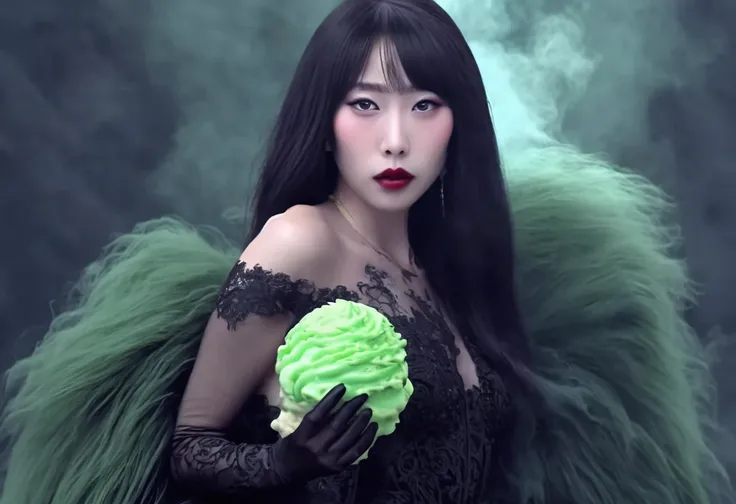 cute yuna (age 25, in the role of Morticia Adams), sleek, dak, elegant, is bringing the viewer an evil treat (green ice cream, monkey skull on top, trailing a misty fog) classy presentation, sultry
