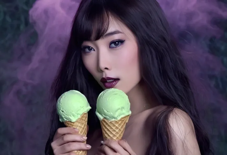 cute yuna (age 25, in the role of Morticia Adams), sleek, dak, elegant, is bringing the viewer an evil treat (green ice cream, monkey skull on top, trailing a misty fog) classy presentation, sultry
