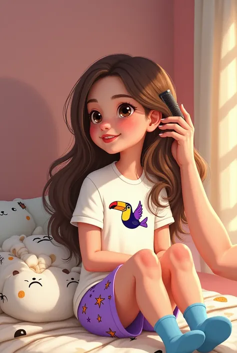  girl, with brown hair, Brown eyes, White T-shirt, with a drawing of a toucan that dives summer time, and purple shorts with starfish and blue socks, sitting on her bed while her mom combs her hair, They are in their room with pink walls and orange sheets ...